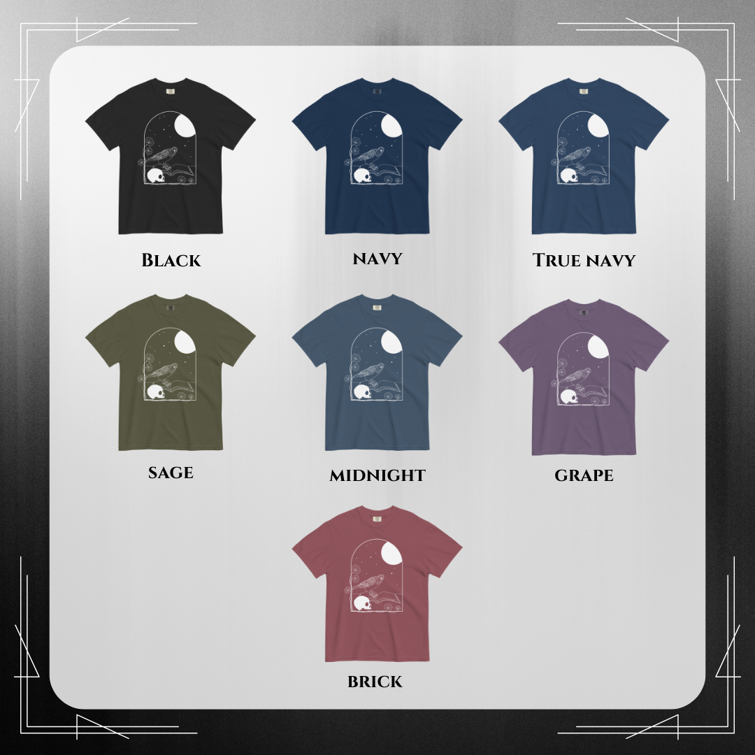 Gothic Skull and Raven T-Shirt – Unisex Heavyweight 100% Cotton Tee | Dark Academia, Occult, Moon & Book Graphic Shirt S–4XL