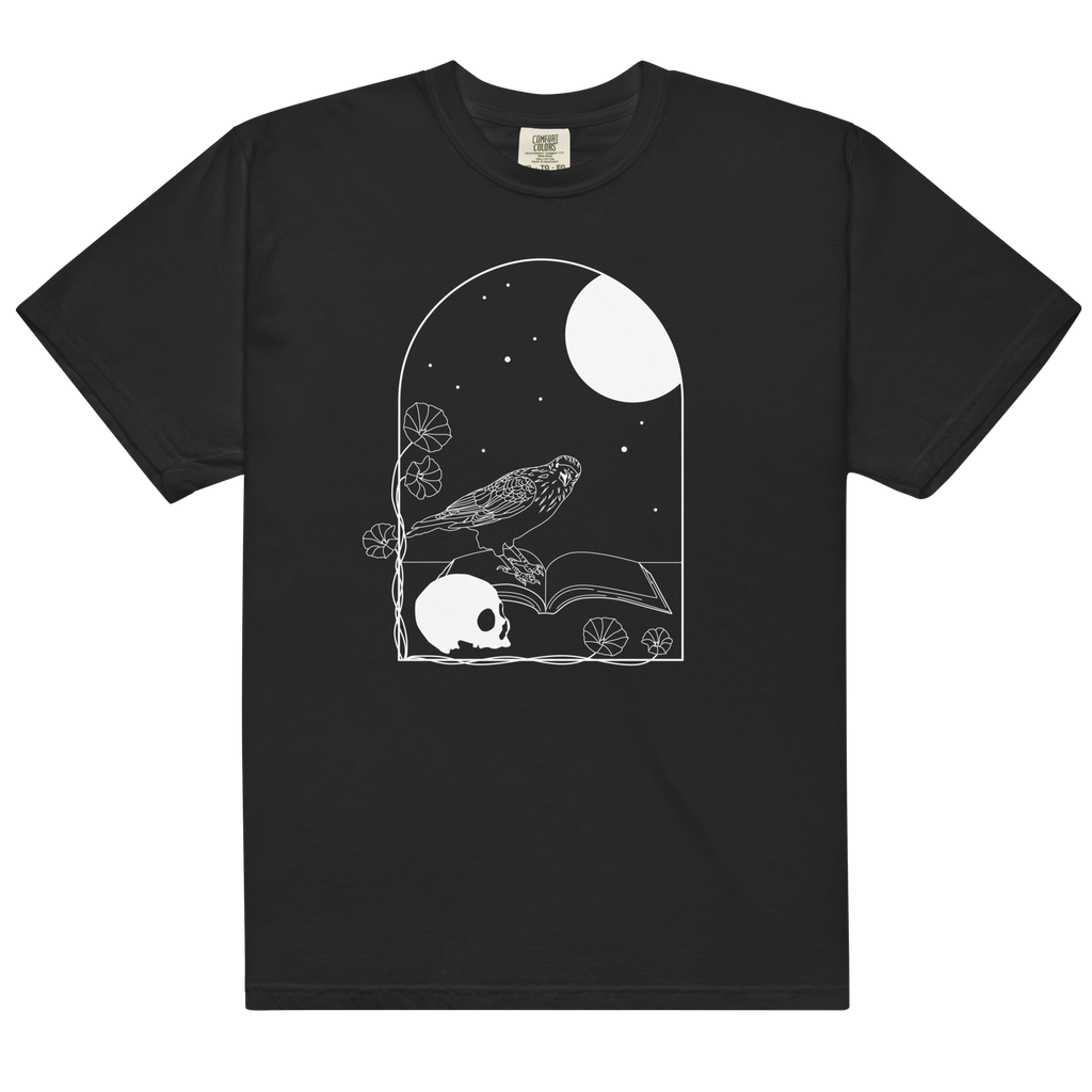 Gothic Skull and Raven T-Shirt – Unisex Heavyweight 100% Cotton Tee | Dark Academia, Occult, Moon & Book Graphic Shirt S–4XL