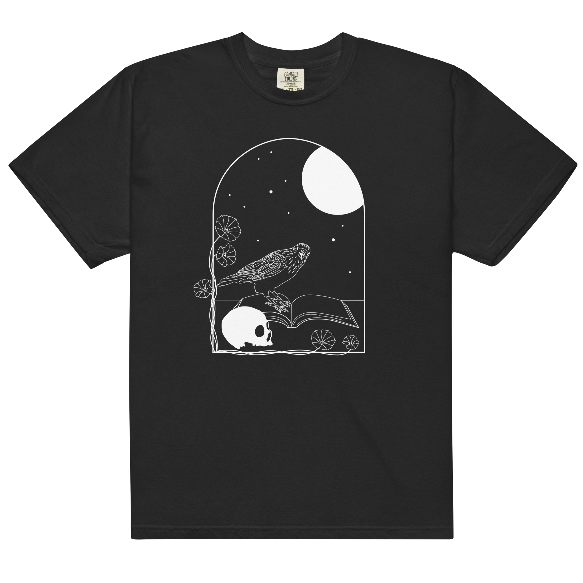 Gothic Skull and Raven T-Shirt – Unisex Heavyweight 100% Cotton Tee | Dark Academia, Occult, Moon & Book Graphic Shirt S–4XL