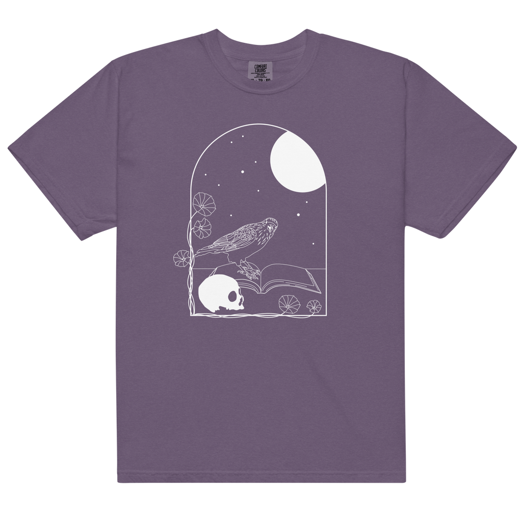 Gothic Skull and Raven T-Shirt – Unisex Heavyweight 100% Cotton Tee | Dark Academia, Occult, Moon & Book Graphic Shirt S–4XL