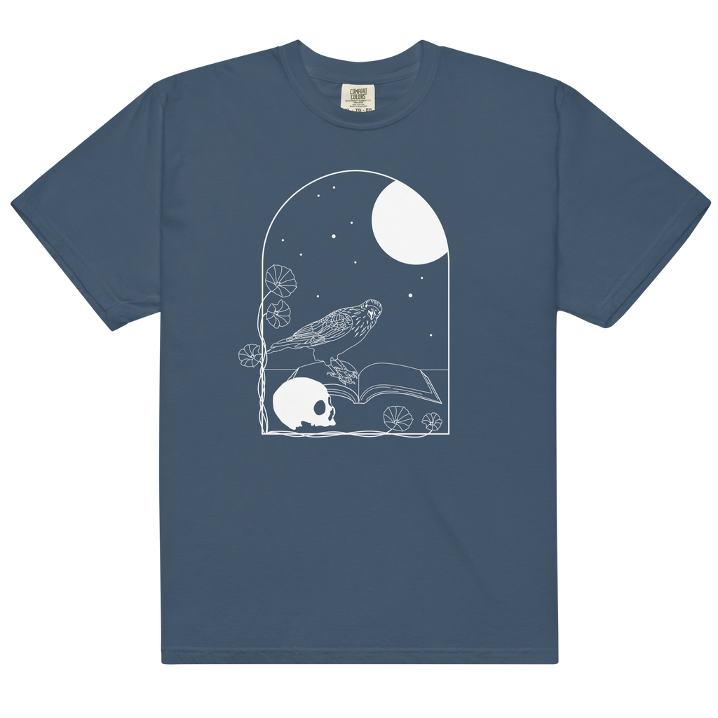 Gothic Skull and Raven T-Shirt – Unisex Heavyweight 100% Cotton Tee | Dark Academia, Occult, Moon & Book Graphic Shirt S–4XL