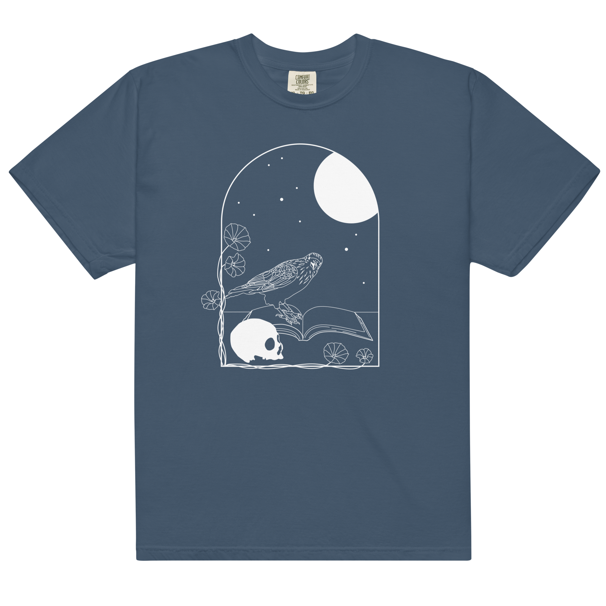 Gothic Skull and Raven T-Shirt – Unisex Heavyweight 100% Cotton Tee | Dark Academia, Occult, Moon & Book Graphic Shirt S–4XL