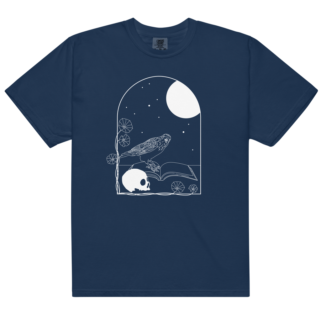 Gothic Skull and Raven T-Shirt – Unisex Heavyweight 100% Cotton Tee | Dark Academia, Occult, Moon & Book Graphic Shirt S–4XL