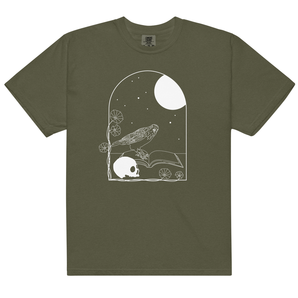 Gothic Skull and Raven T-Shirt – Unisex Heavyweight 100% Cotton Tee | Dark Academia, Occult, Moon & Book Graphic Shirt S–4XL